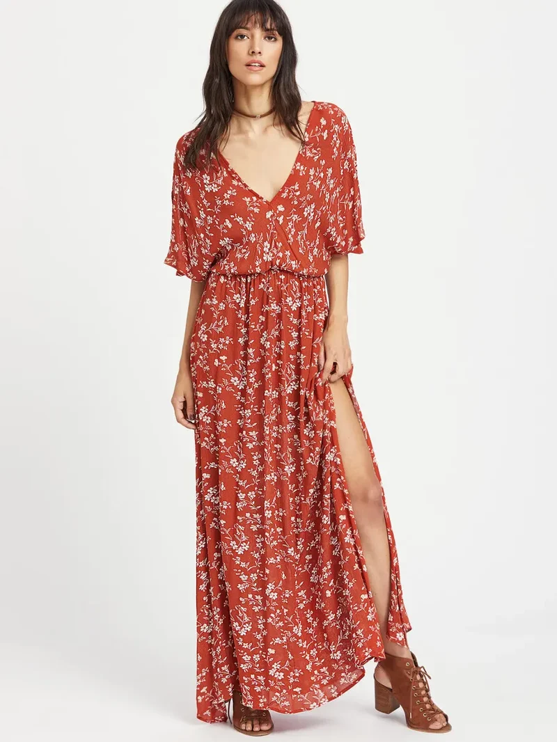 Split Tie-Waist Vintage Floral Maxi Dress