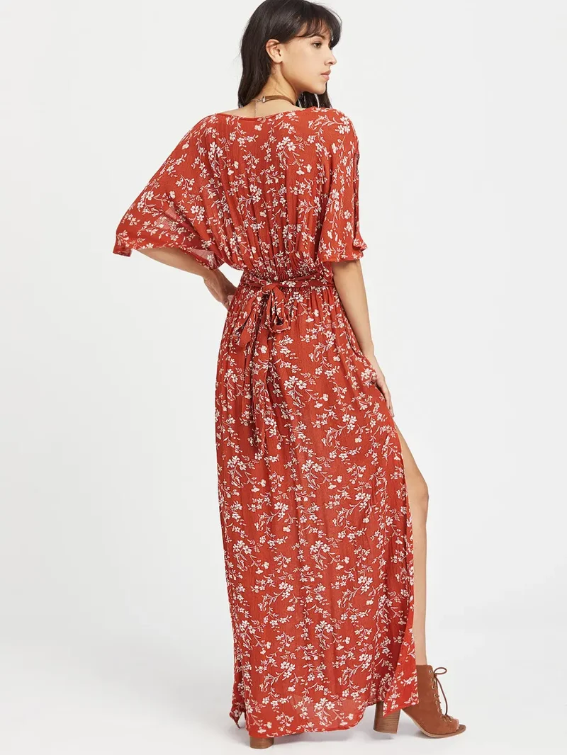 Split Tie-Waist Vintage Floral Maxi Dress