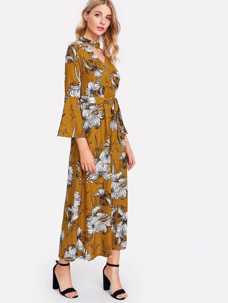 Cut Out Neck Florals Self Tie Dress
