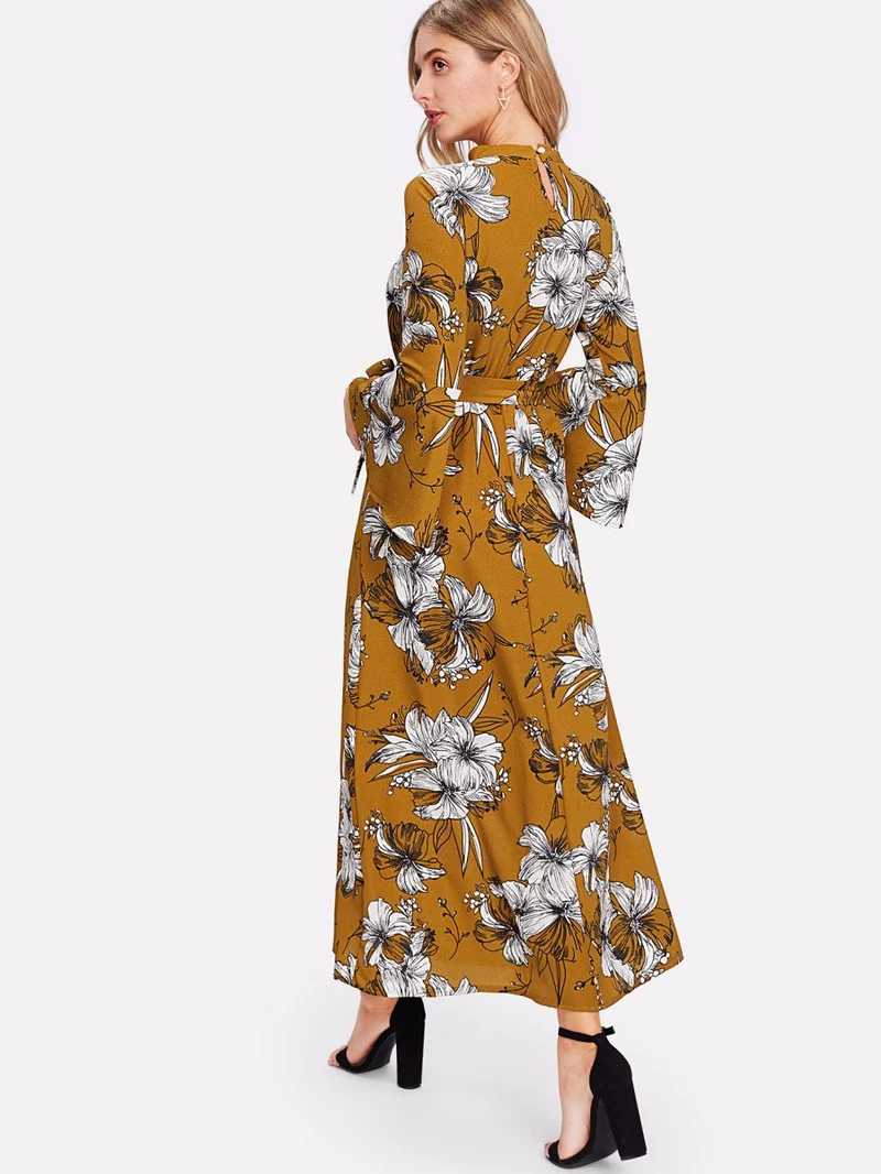 Cut Out Neck Florals Self Tie Dress