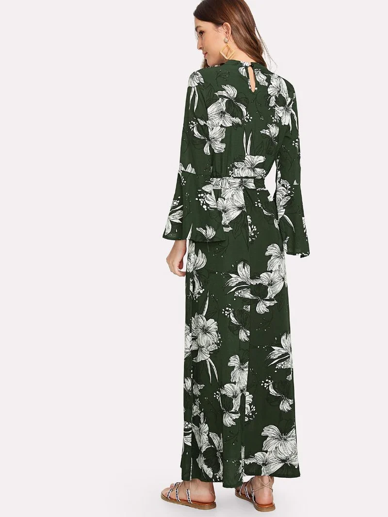 Cut Out Neck Florals Self Tie Dress