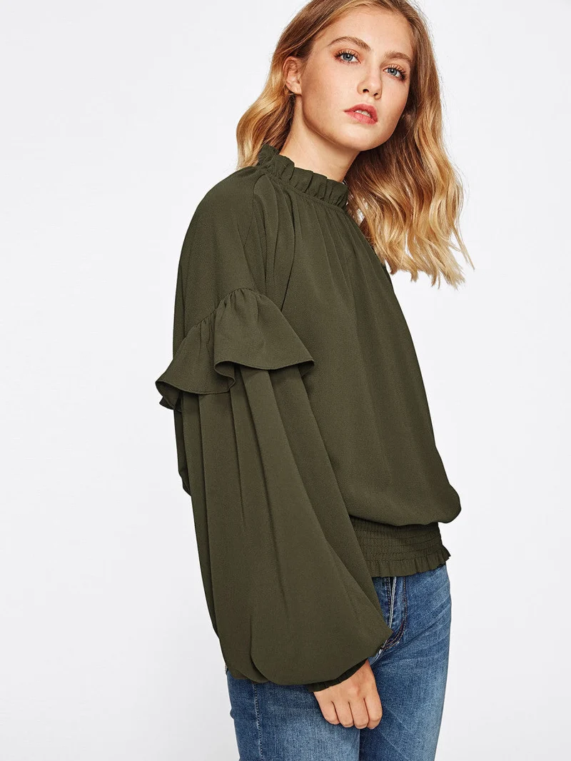 Frill Trim Bishop Sleeve Smocked Hem Blouse