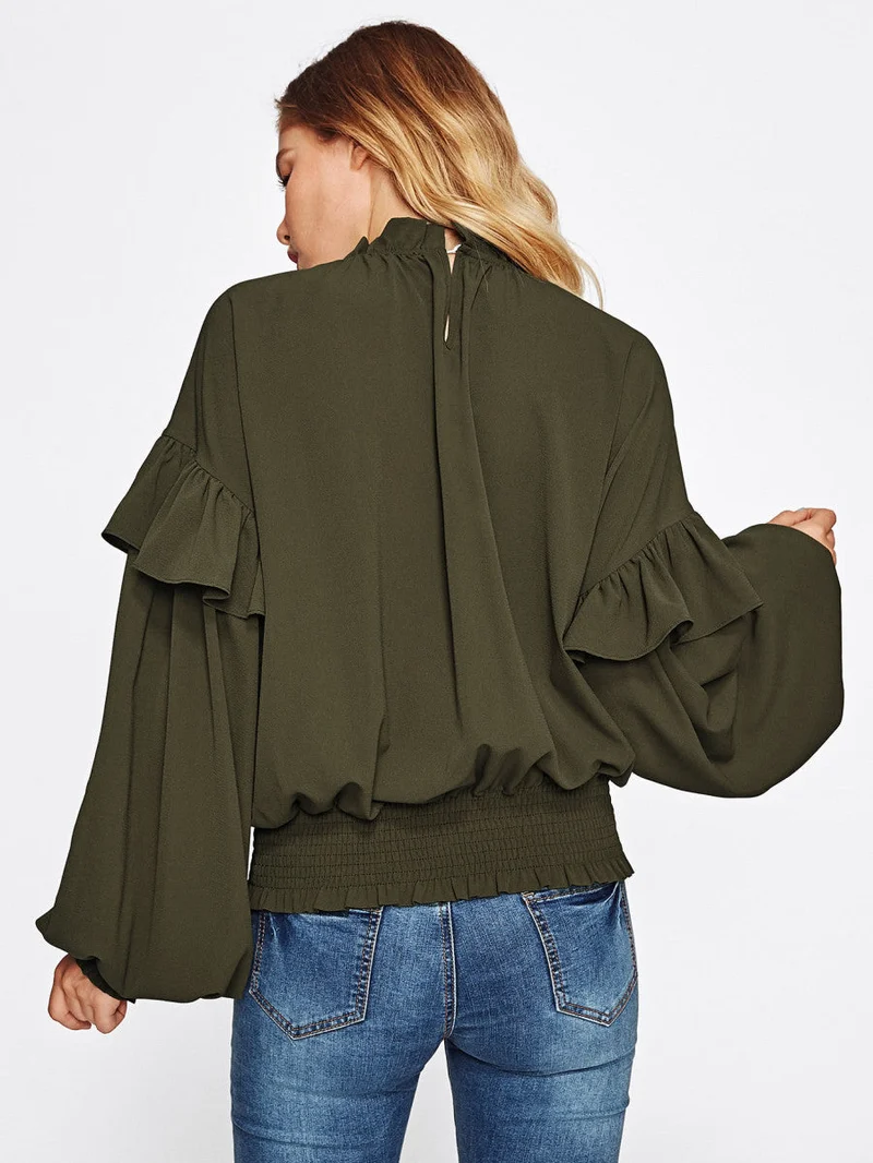 Frill Trim Bishop Sleeve Smocked Hem Blouse