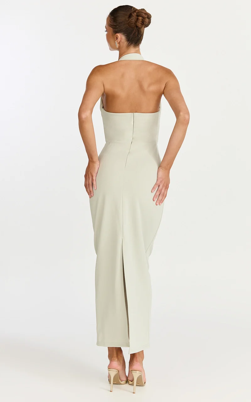 Salome Midi Dress - Halter Neck Column Dress in Sage