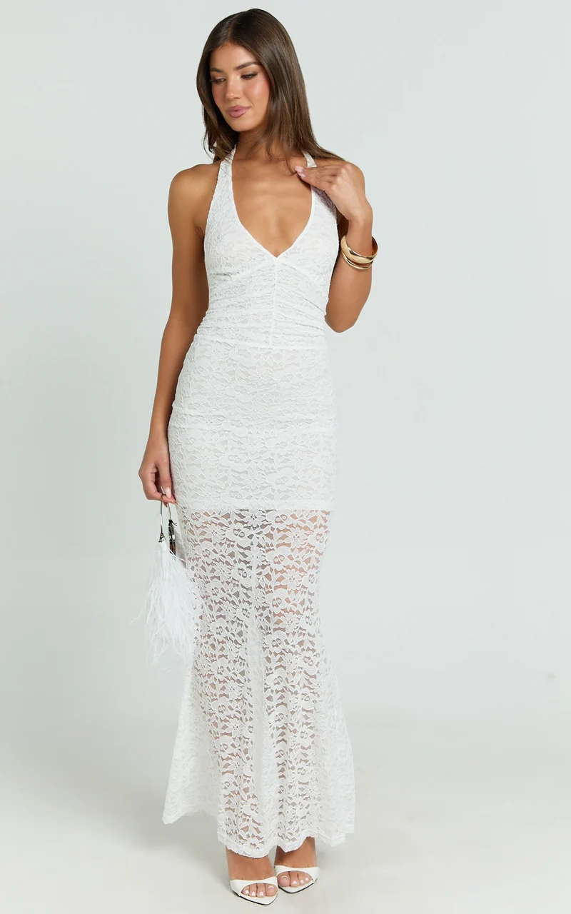 Vivette Maxi Dress - Lace Plunge Keyhole Front Bodycon Dress in Ivory