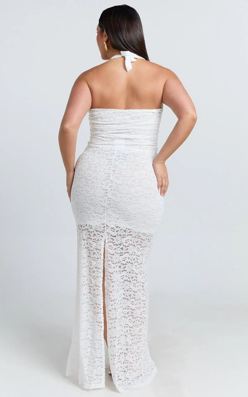 Vivette Maxi Dress - Lace Plunge Keyhole Front Bodycon Dress in Ivory