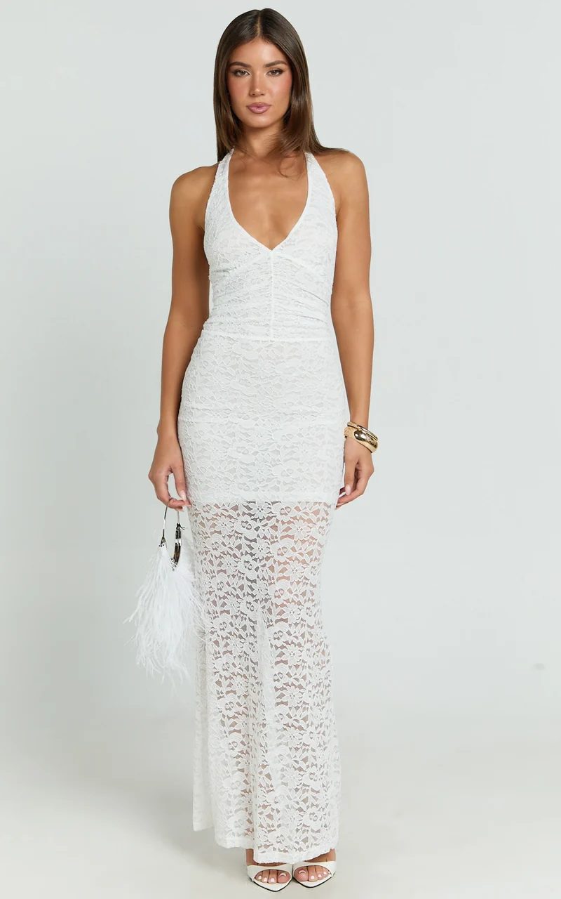 Vivette Maxi Dress - Lace Plunge Keyhole Front Bodycon Dress in Ivory