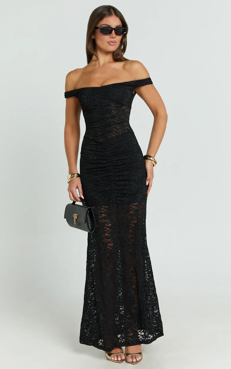 Brenda Maxi Dress - Lace Scoop Neck Keyhole Bodycon Dress in Black