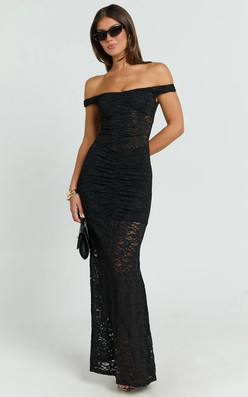 Brenda Maxi Dress - Lace Scoop Neck Keyhole Bodycon Dress in Black