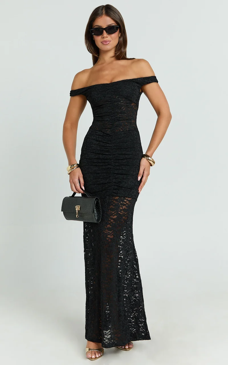Brenda Maxi Dress - Lace Scoop Neck Keyhole Bodycon Dress in Black
