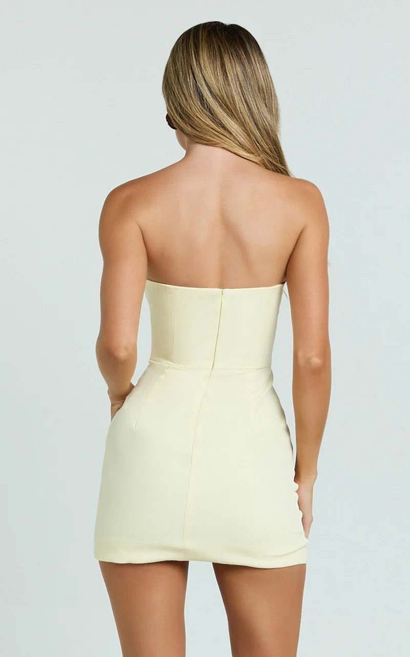 Avery Mini Dress - Strapless Corset Bodice Draped Dress in Lemon