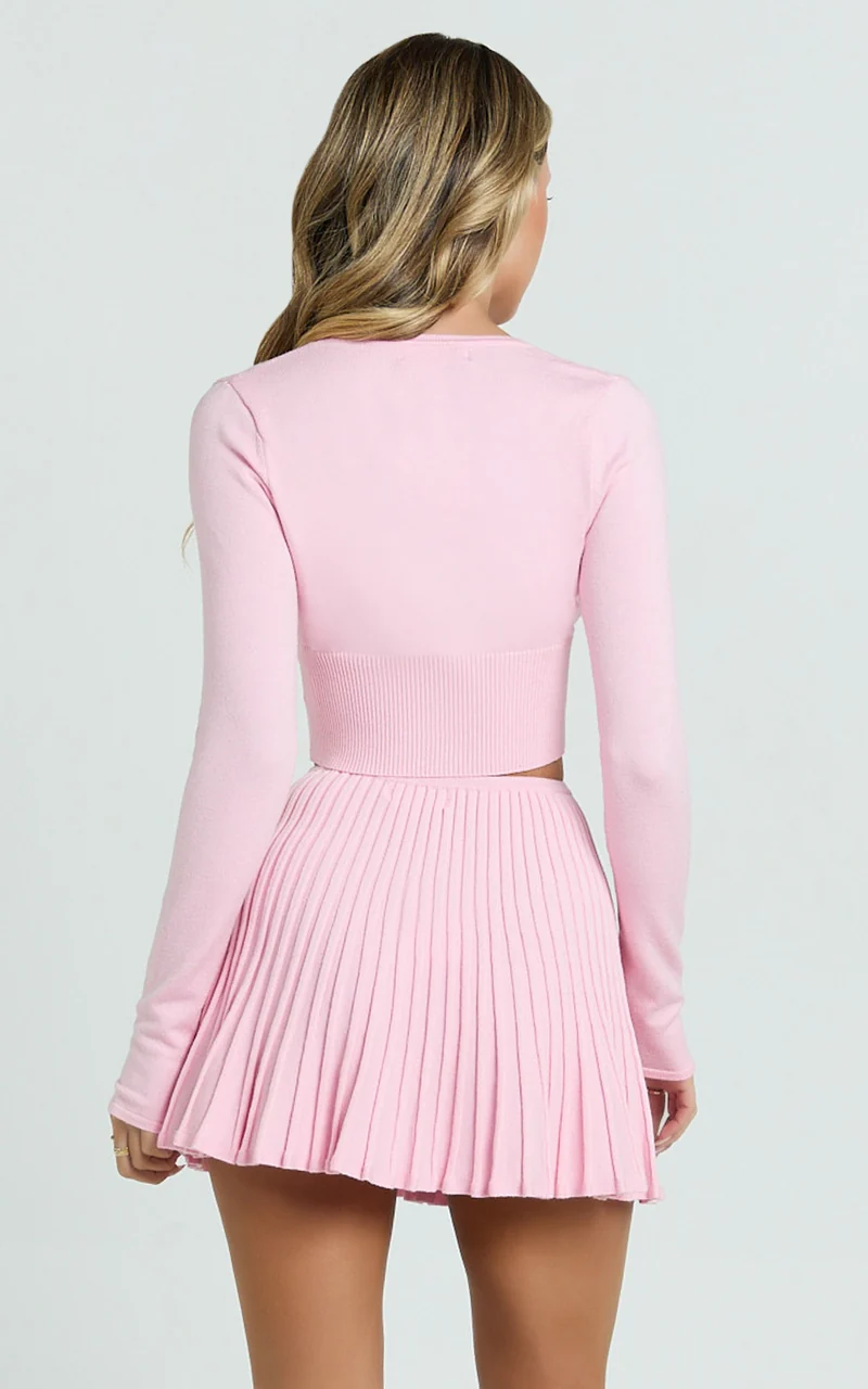 Naomi Two Piece Set - Contrast Knit Button Up Long Sleeve And Pleated Mini Skirt in Plain Baby Pink