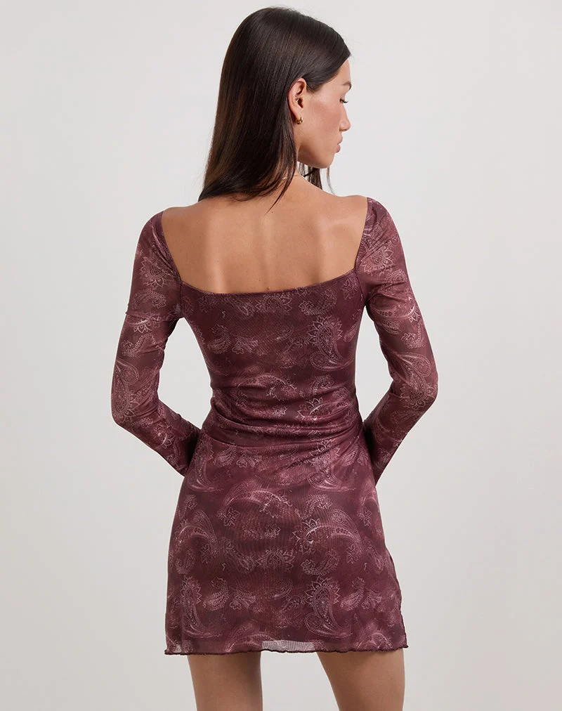 Modena Long Sleeve Mini Dress in Tonal Paisley Plum (Mini robe à manches longues Modena en marguerite tonale)