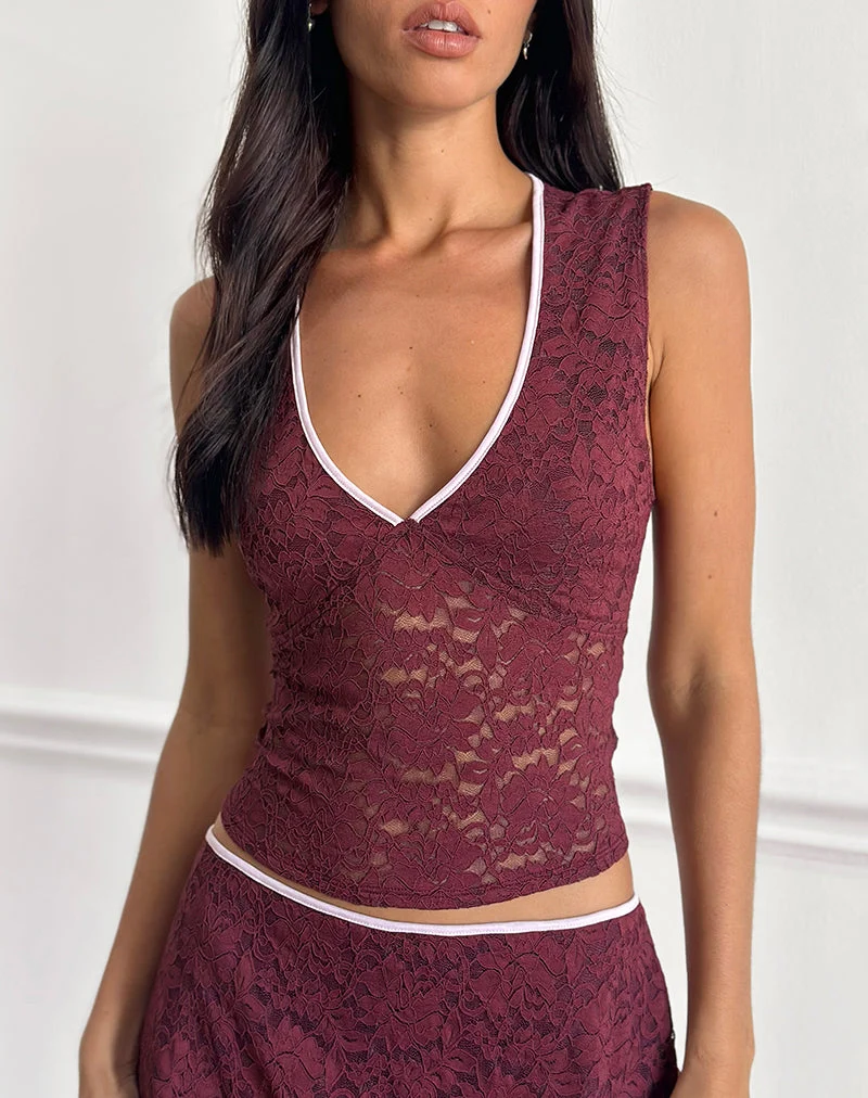 Top Lihat en dentelle bourguignonne avec bordure rose