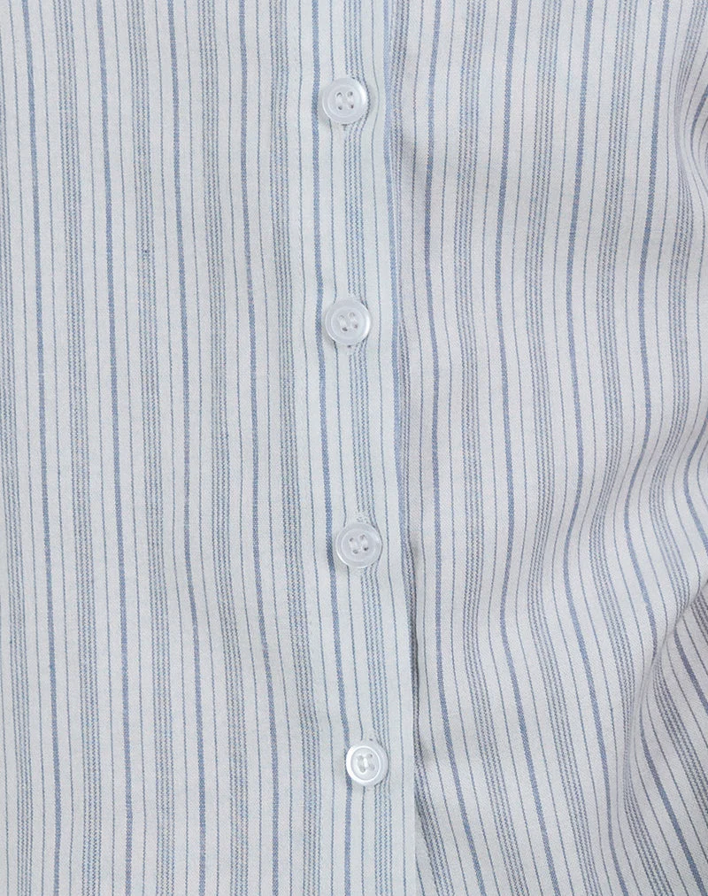 Chemise Kitami, lin blanc bleu rayé