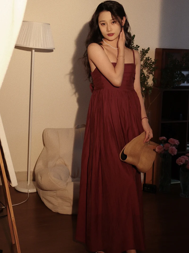 Robe longue d'été décontractée bordeaux à nouer au dos