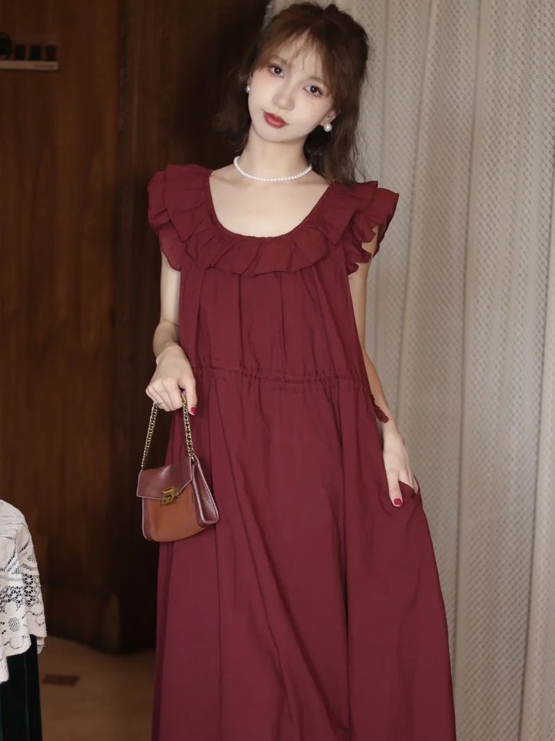 Robe bordeaux romantique vintage à col rond