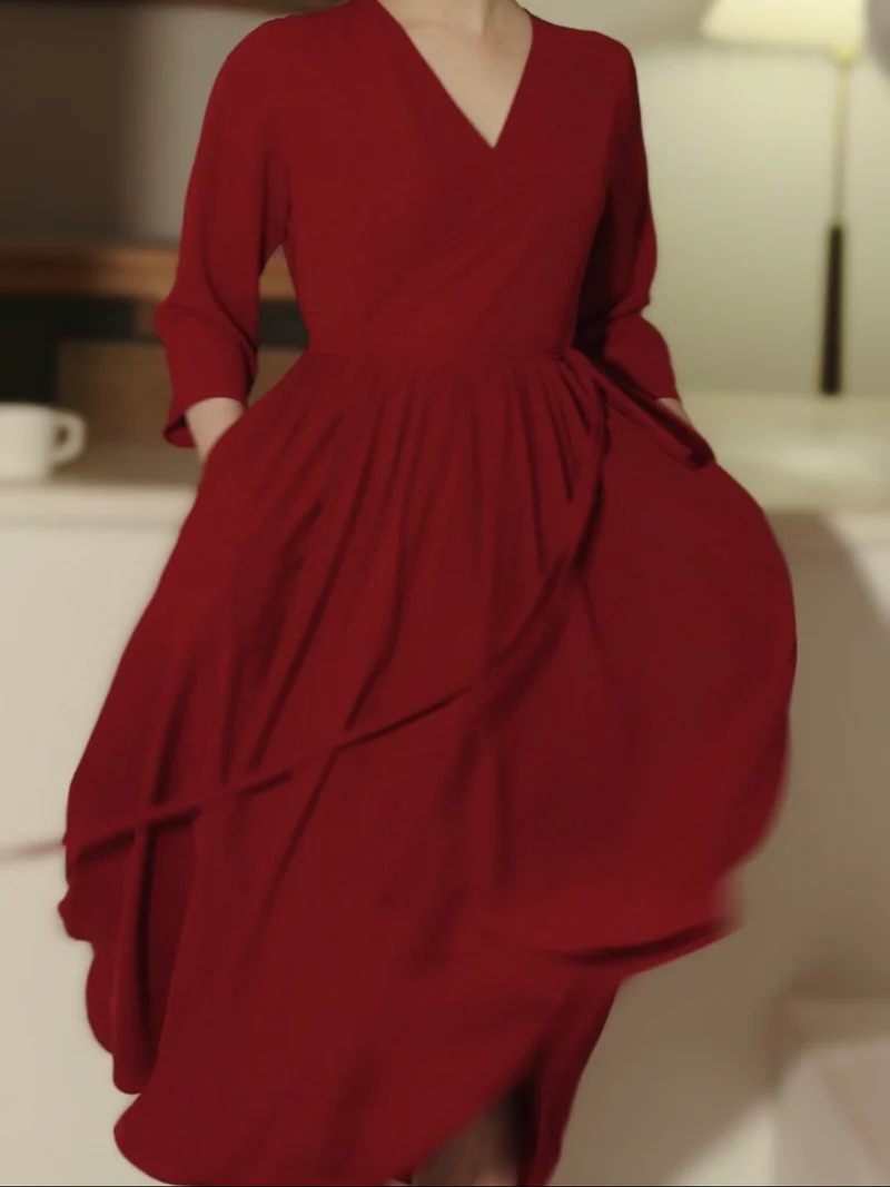 Robe d'été bordeaux modeste à col en V vintage des années 50 avec manches