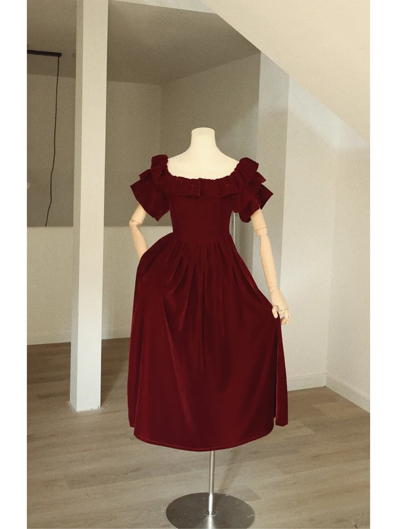 Robe Vintage à Col Rond en Velours Bordeaux