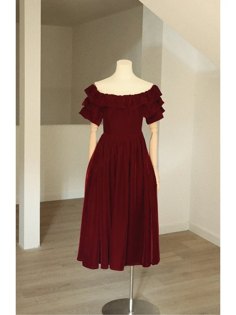 Robe Vintage à Col Rond en Velours Bordeaux