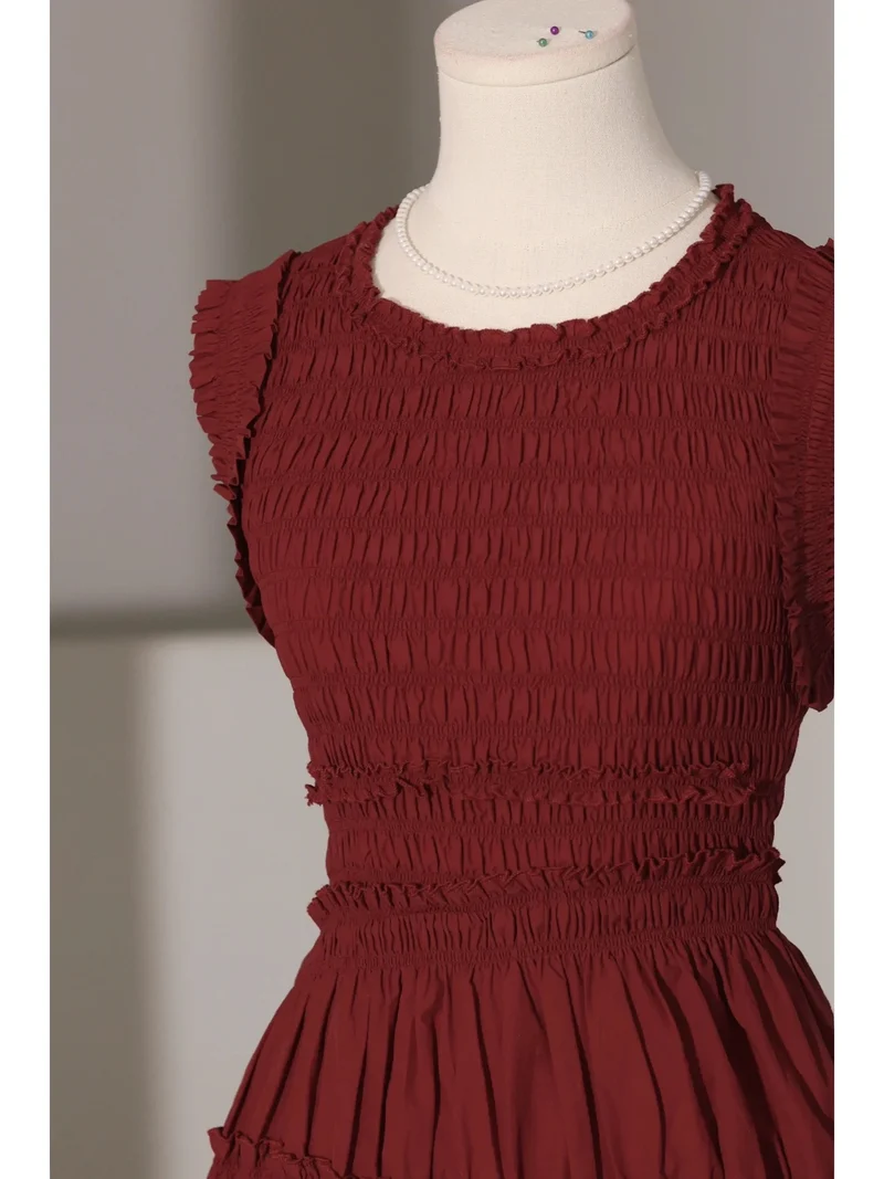 Robe midi bordeaux sans manches de style rétro