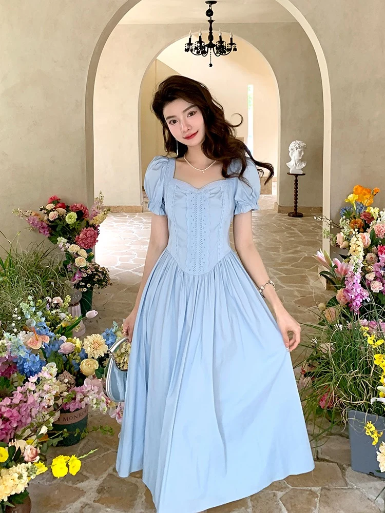 Robe trapèze d'inspiration vintage en coton bleu