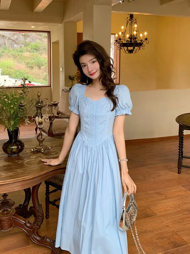 Robe trapèze d'inspiration vintage en coton bleu