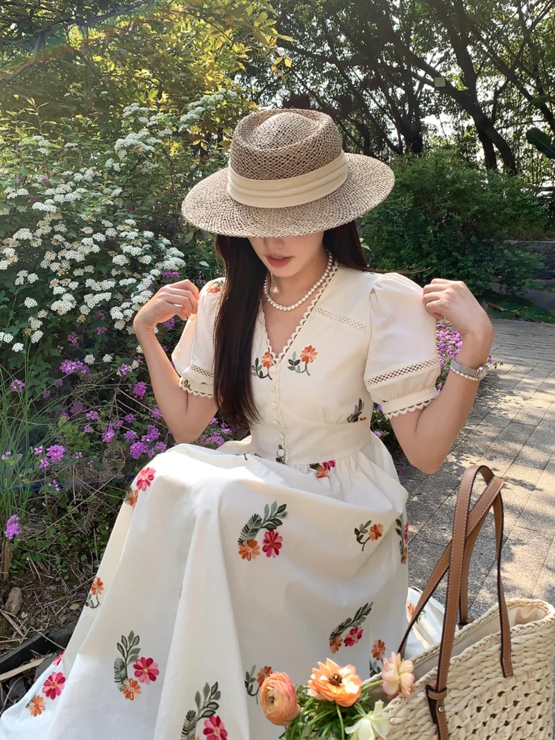 Flora – robe trapèze française à col en V, longueur thé, été