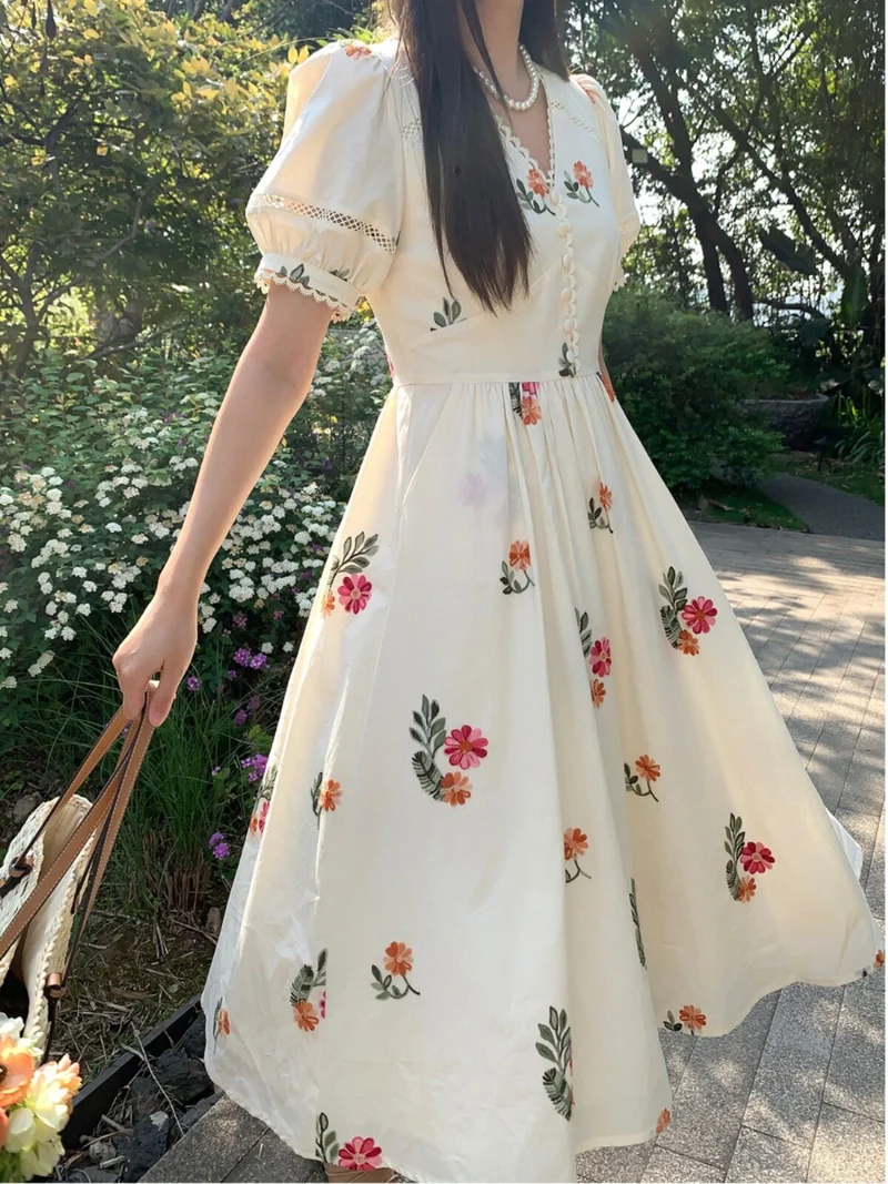 Flora – robe trapèze française à col en V, longueur thé, été