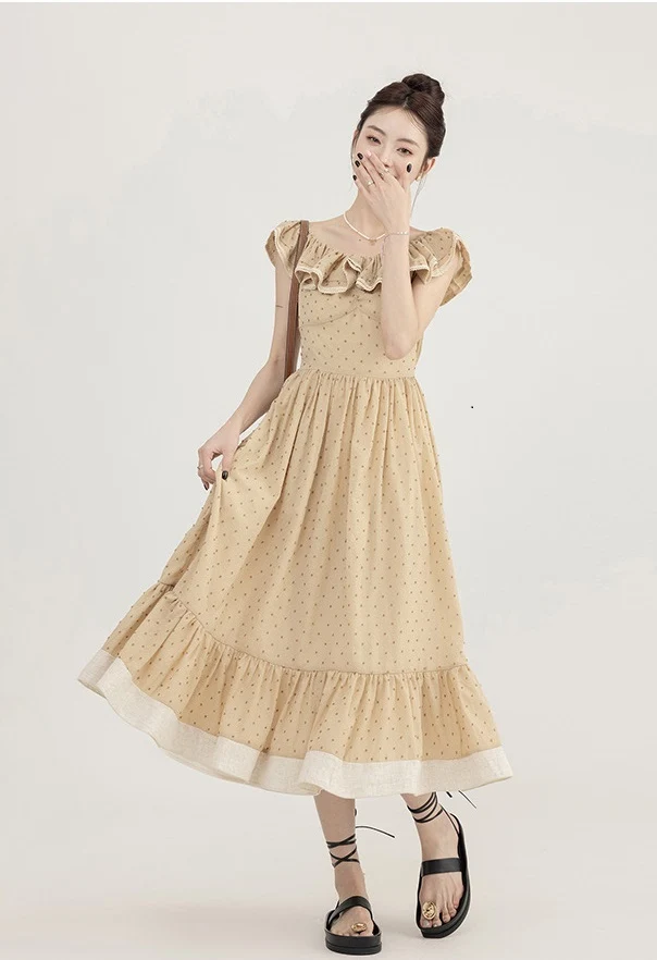 Robe trapèze vintage d'été à col rond et à pois champagne