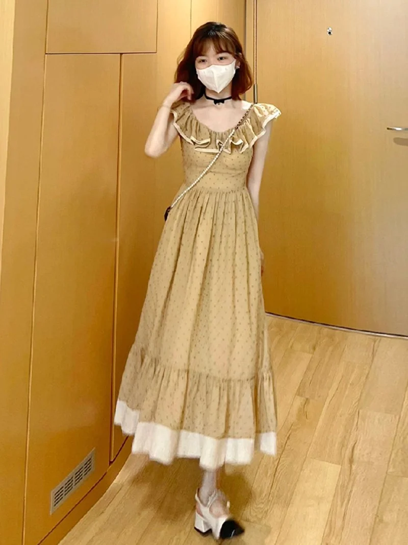 Robe trapèze vintage d'été à col rond et à pois champagne