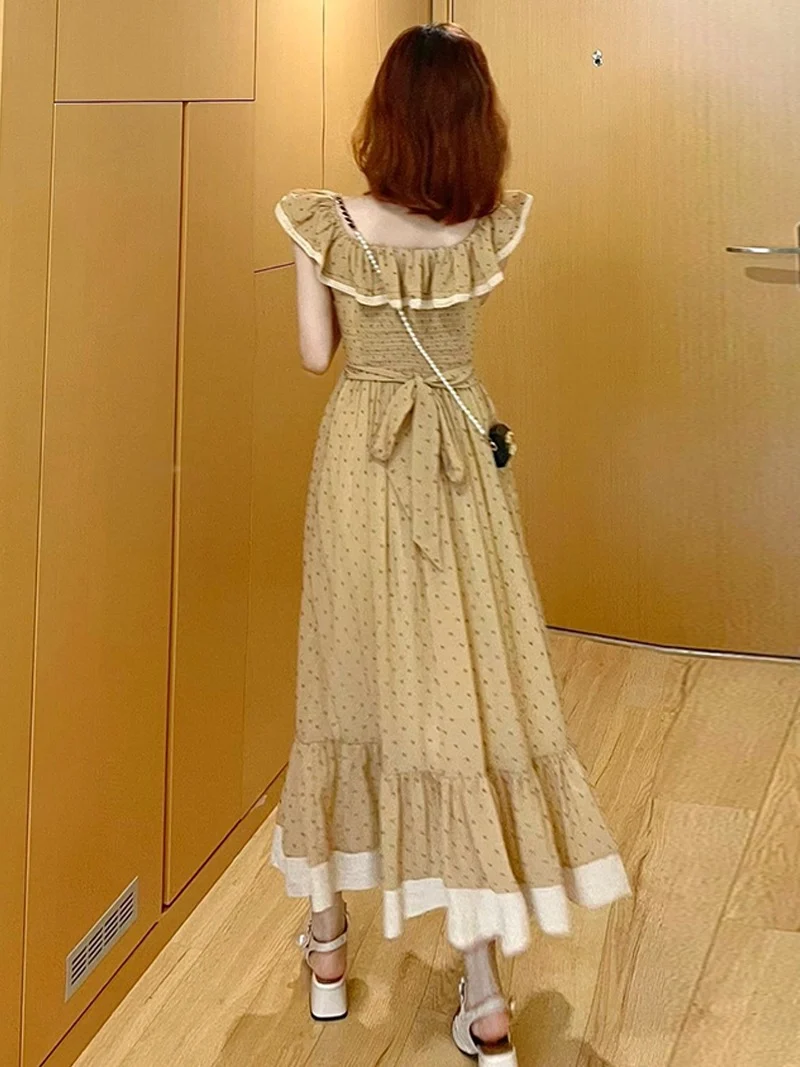 Robe trapèze vintage d'été à col rond et à pois champagne