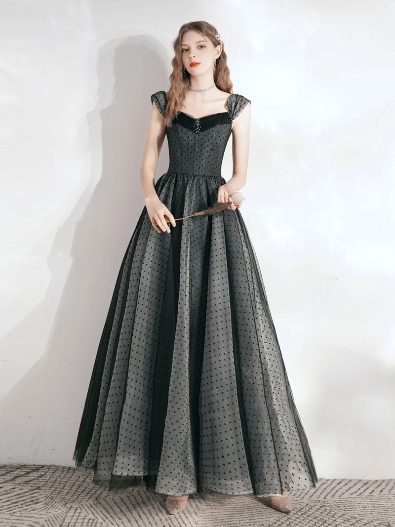 Robe de bal longue noire vintage à pois, robe formelle