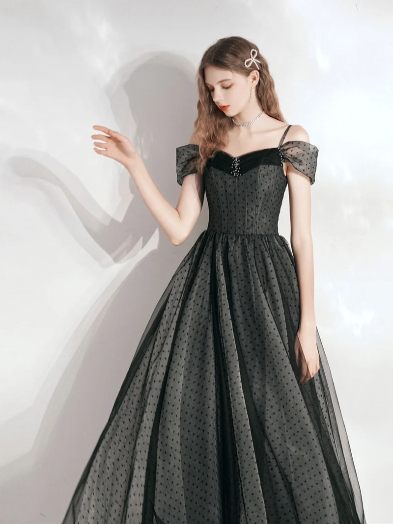 Robe de bal longue noire vintage à pois, robe formelle