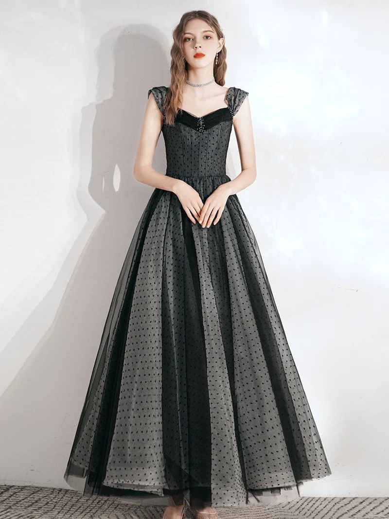 Robe de bal longue noire vintage à pois, robe formelle
