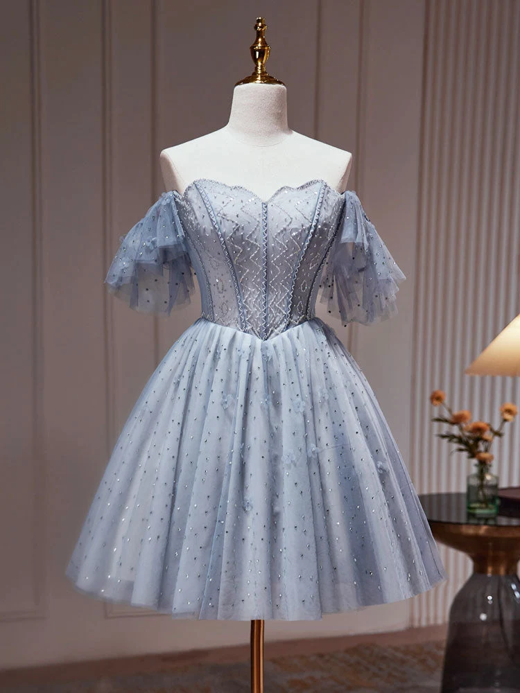 Belle robe de soirée courte en perles gris argenté, robe de remise de diplôme