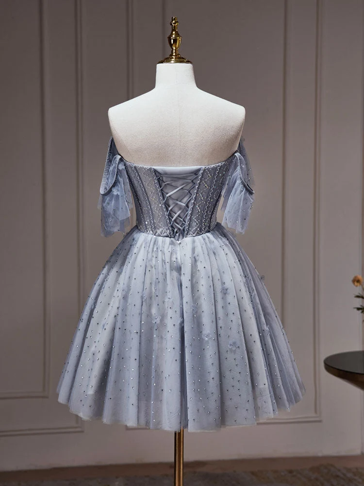 Belle robe de soirée courte en perles gris argenté, robe de remise de diplôme
