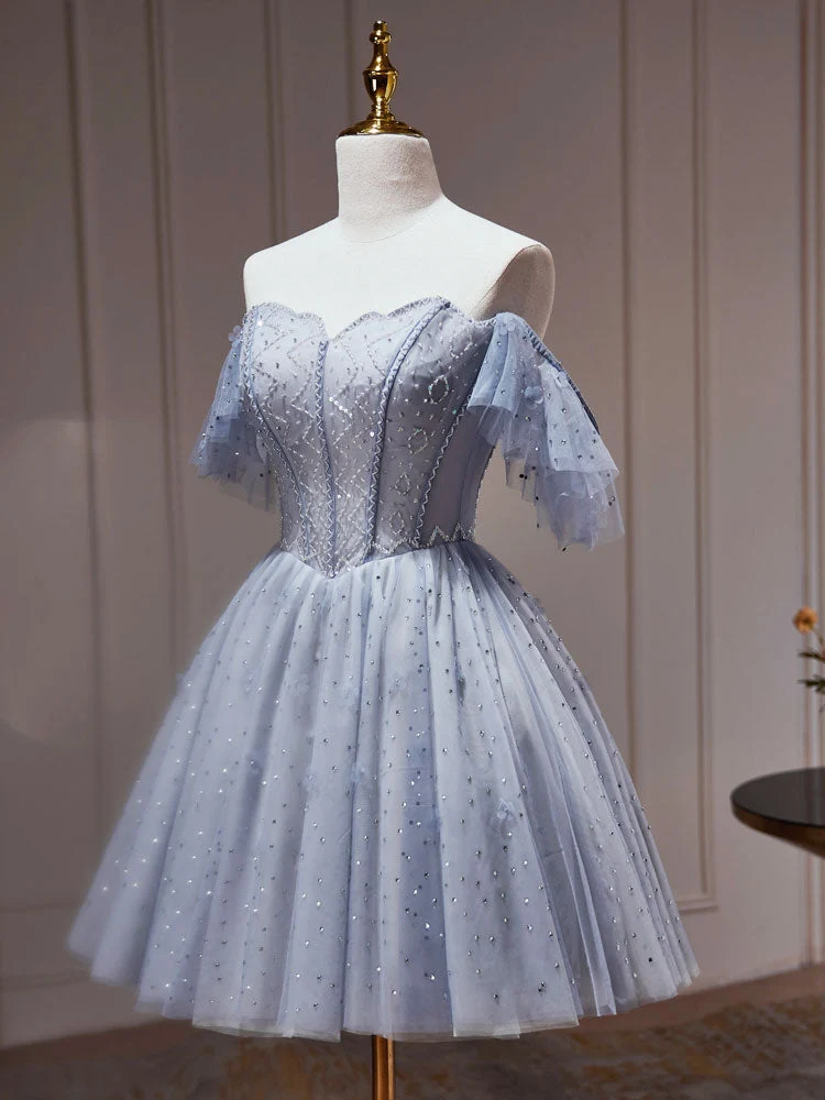 Belle robe de soirée courte en perles gris argenté, robe de remise de diplôme
