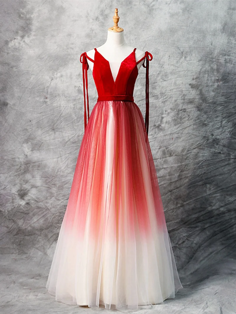 Robe de bal longue trapèze rouge ombré, robe formelle