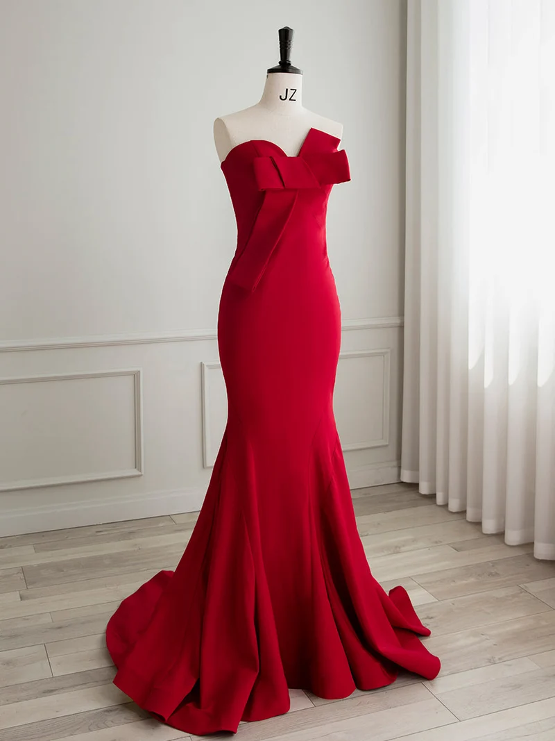 Robe de soirée rouge sans bretelles, coupe ajustée, robe de bal