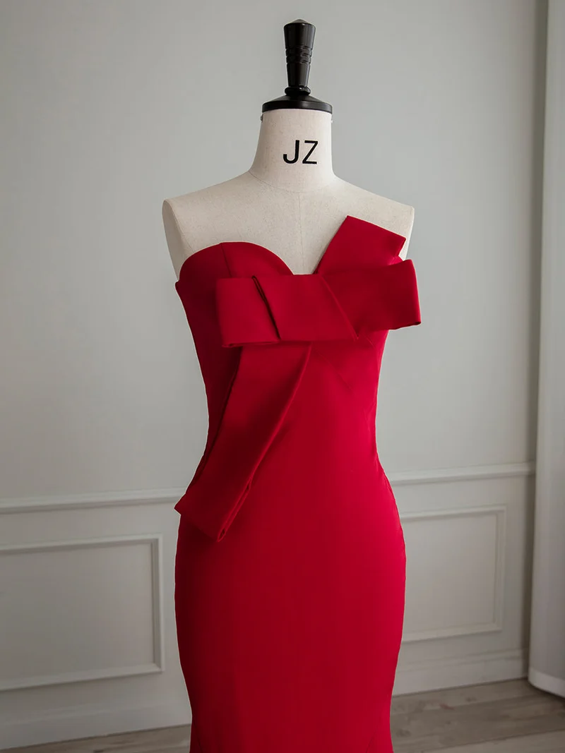 Robe de soirée rouge sans bretelles, coupe ajustée, robe de bal