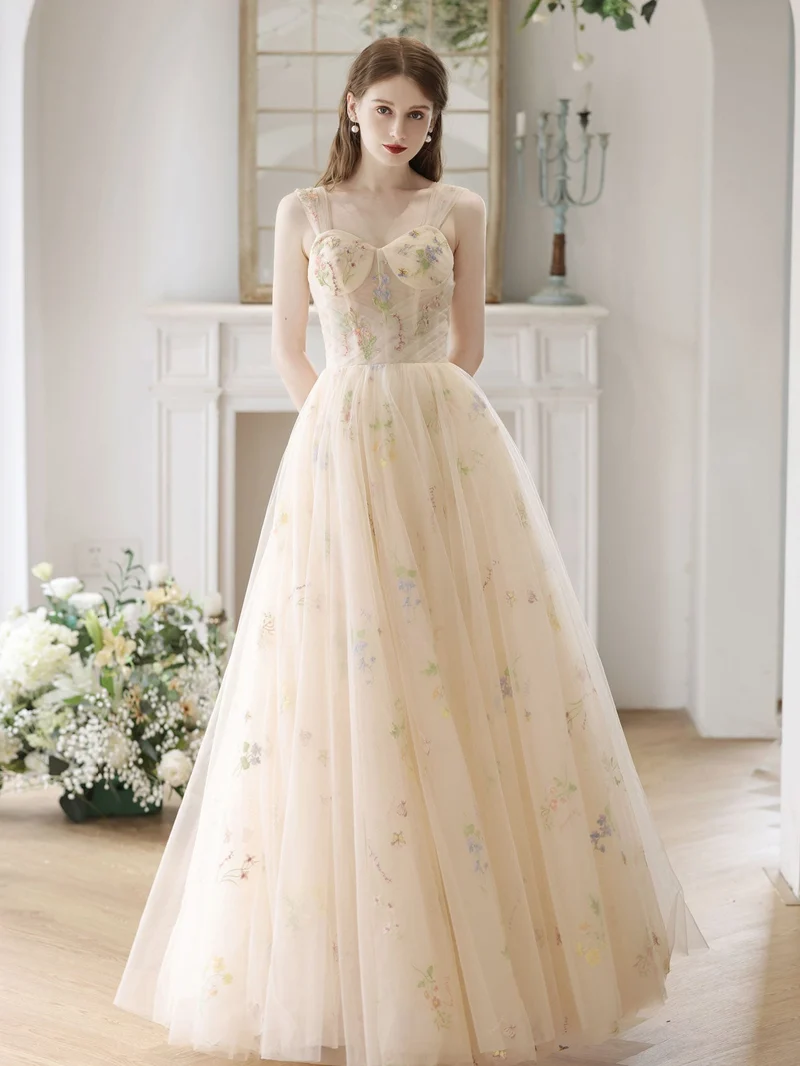 Conte de fées Boho Champagne Tulle Sheer Illusion Robe de bal