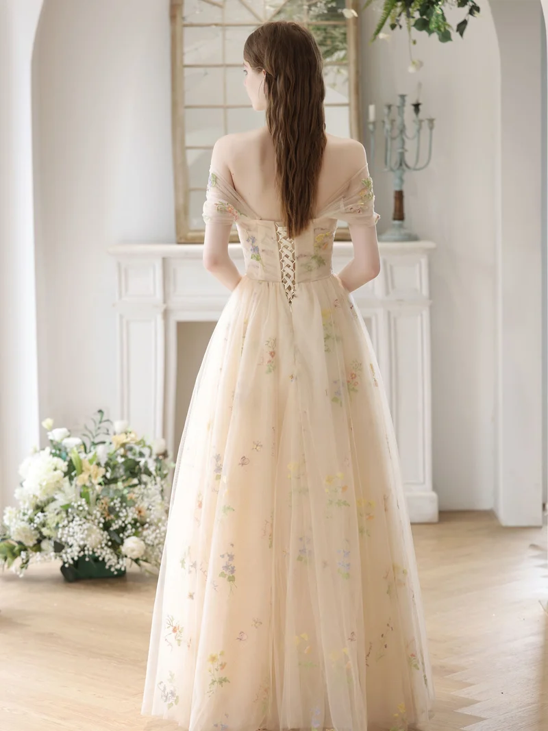 Conte de fées Boho Champagne Tulle Sheer Illusion Robe de bal