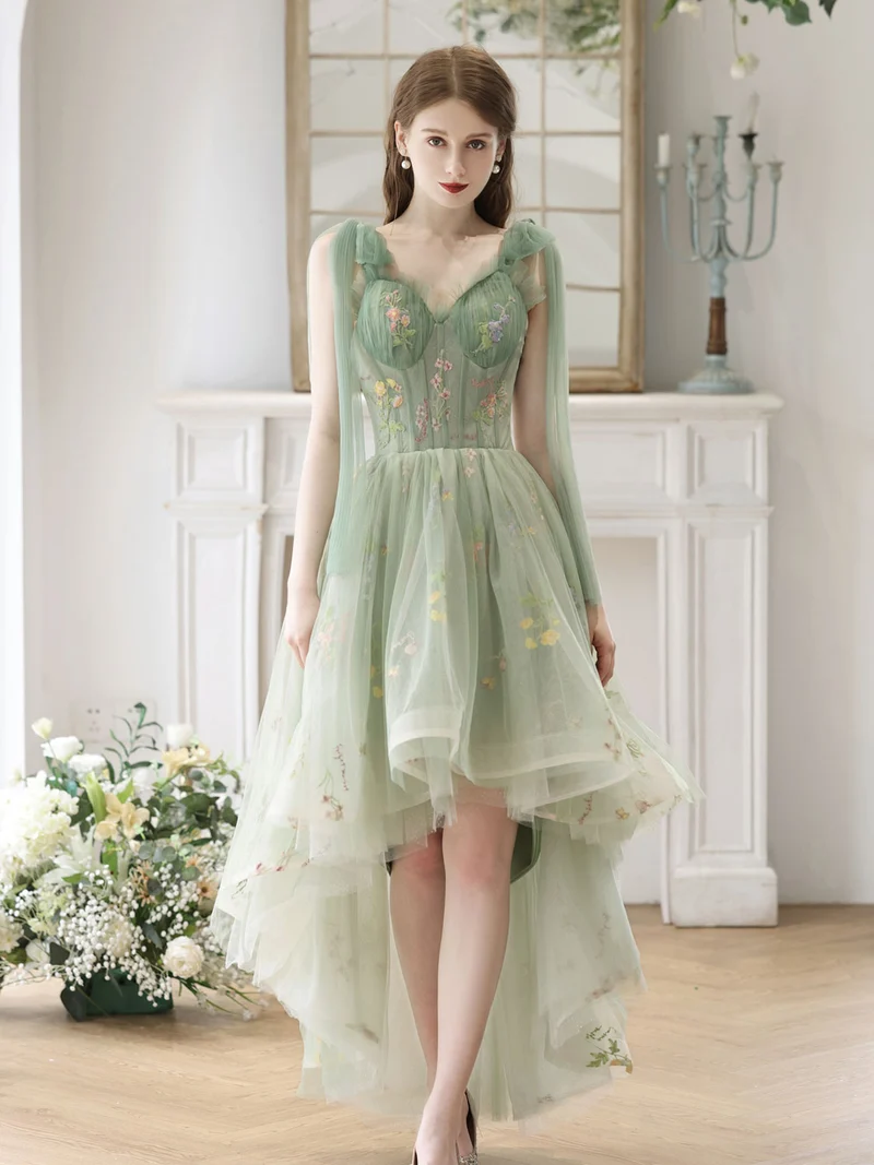 Robe de soirée transparente style bohème vert haut et bas