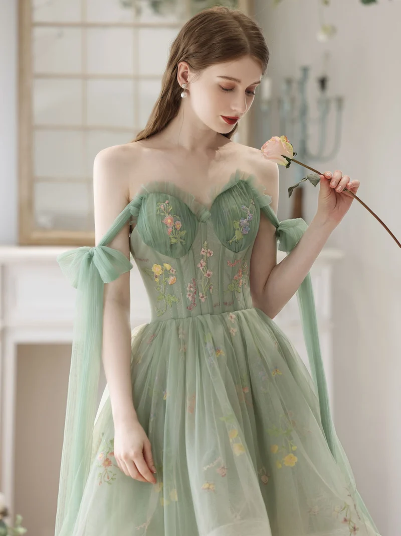 Robe de soirée transparente style bohème vert haut et bas