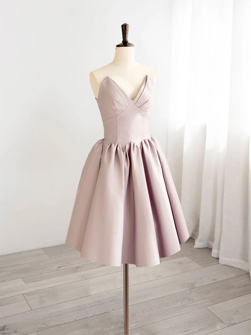 Robe de soirée courte en satin rose pâle à col en V, robe de danse de 8e année