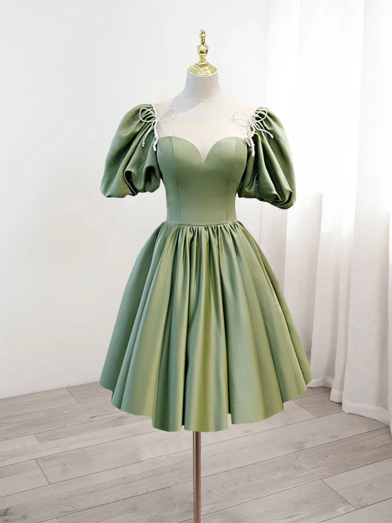 Robe de soirée courte en satin vert sauge, robe de danse de 8e année avec manches à bulles