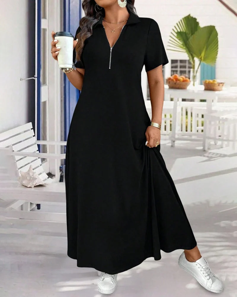 Robe Manche Courte Unie Fermeture Éclair Maxi