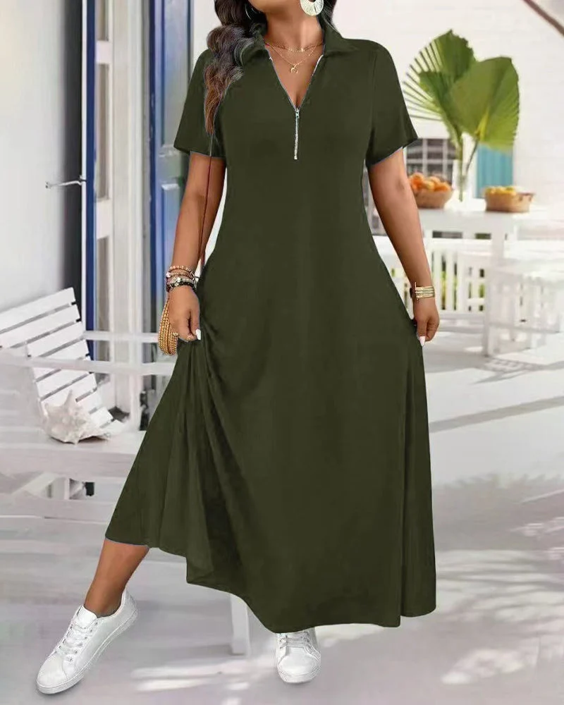 Robe Manche Courte Unie Fermeture Éclair Maxi