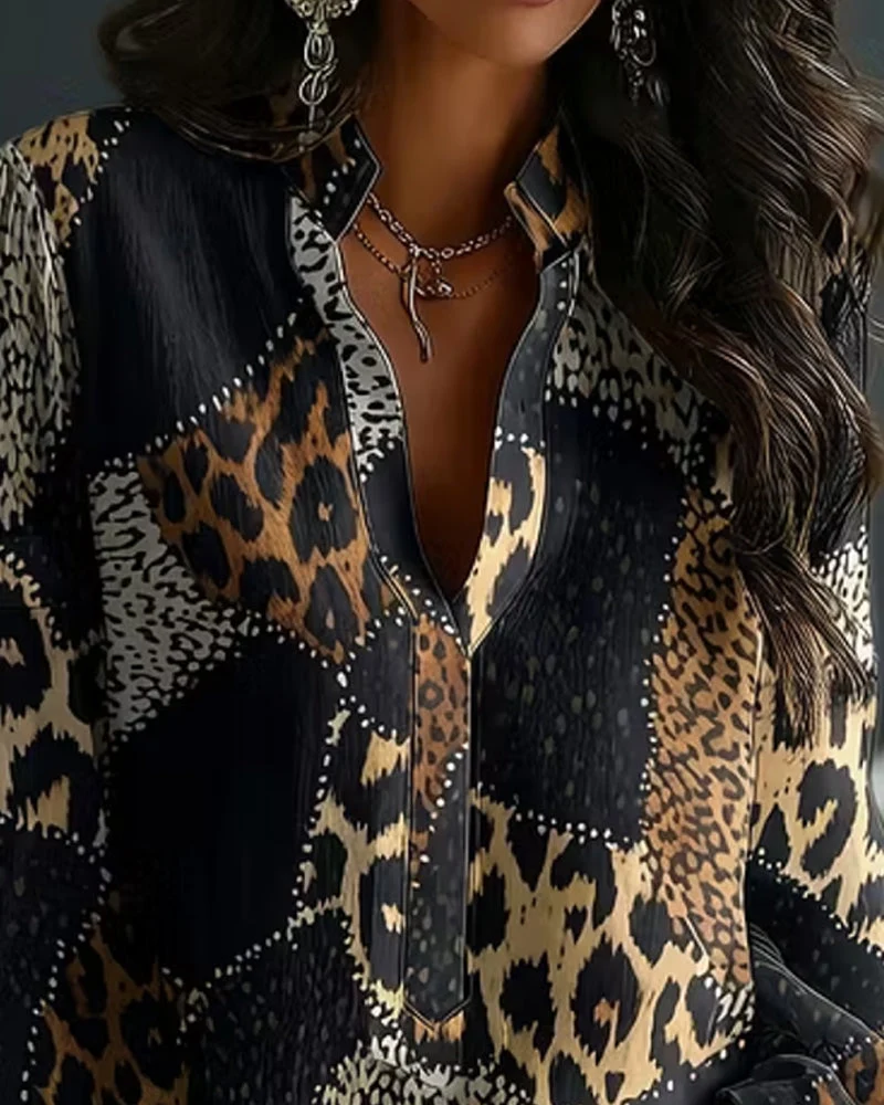 Blouse Mini Col Mandarin Léopard Panneau Décontractée